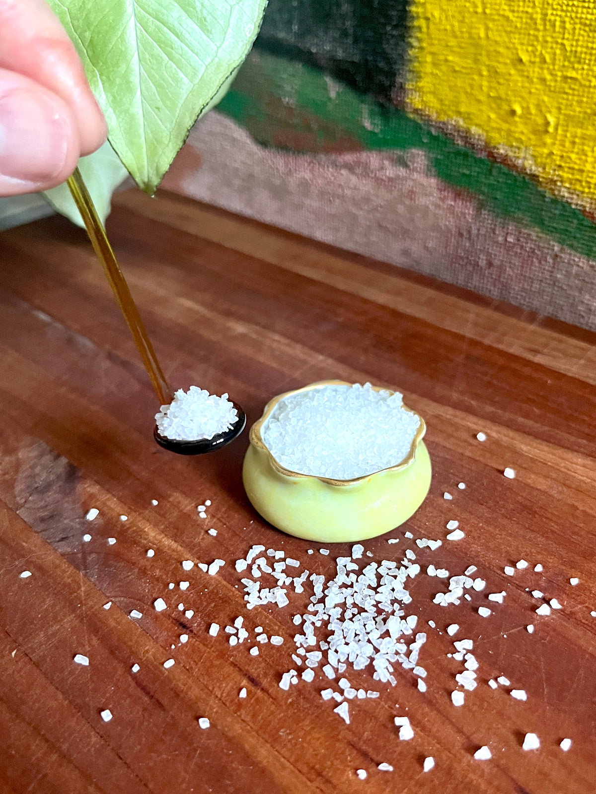 Vintage Porcelain Salt Server & Spoon - Pale Citron