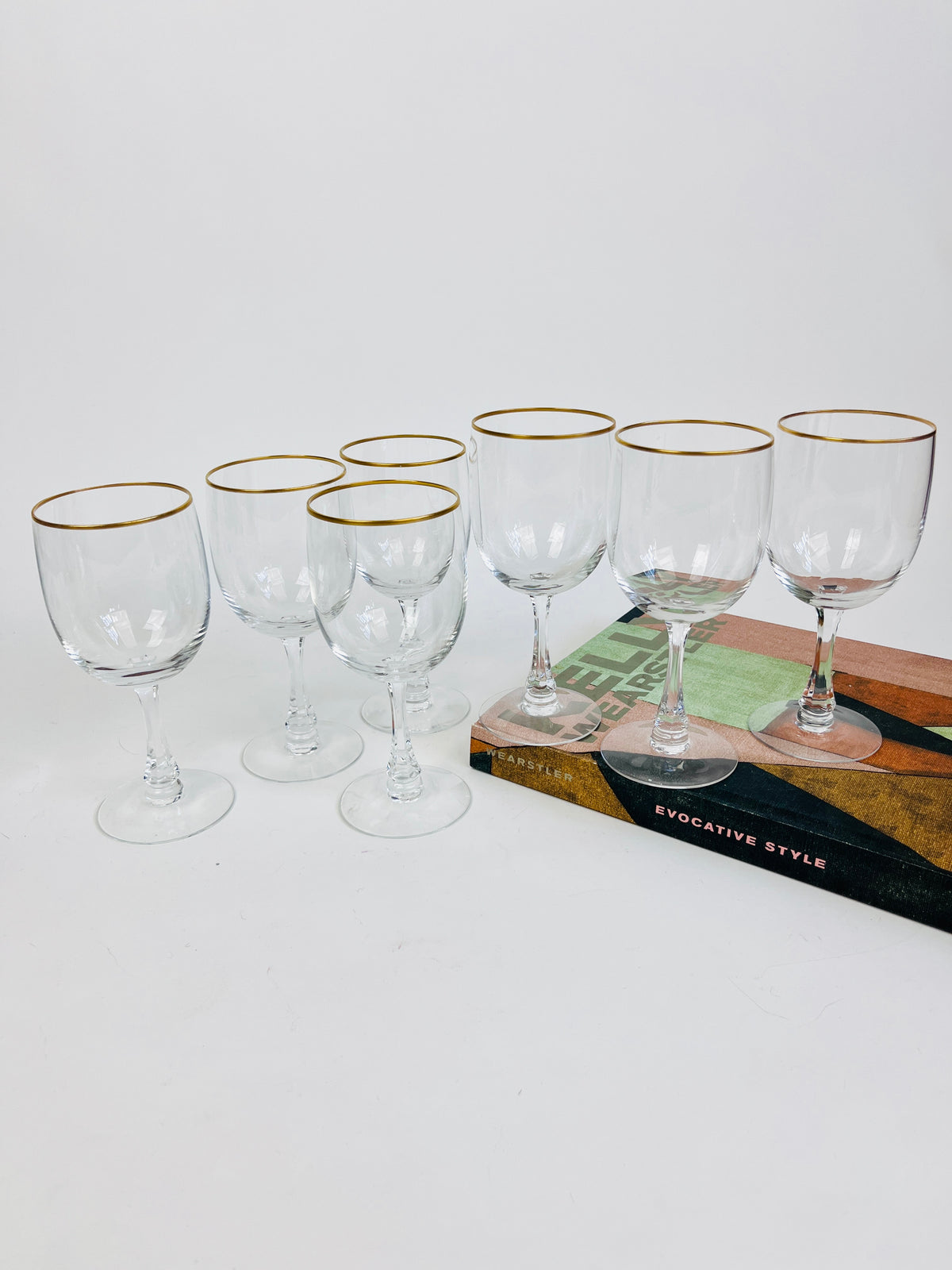 Vintage Gold-Rimmed Wine Glasses, 7pc