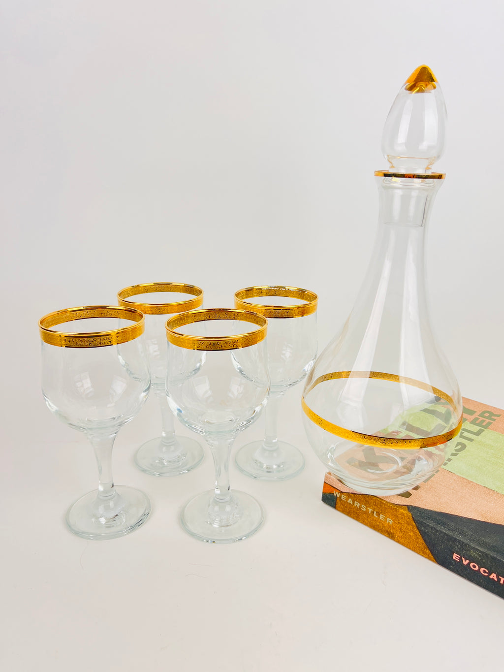 Vintage Gold-Plated Decanter and Stemware Set