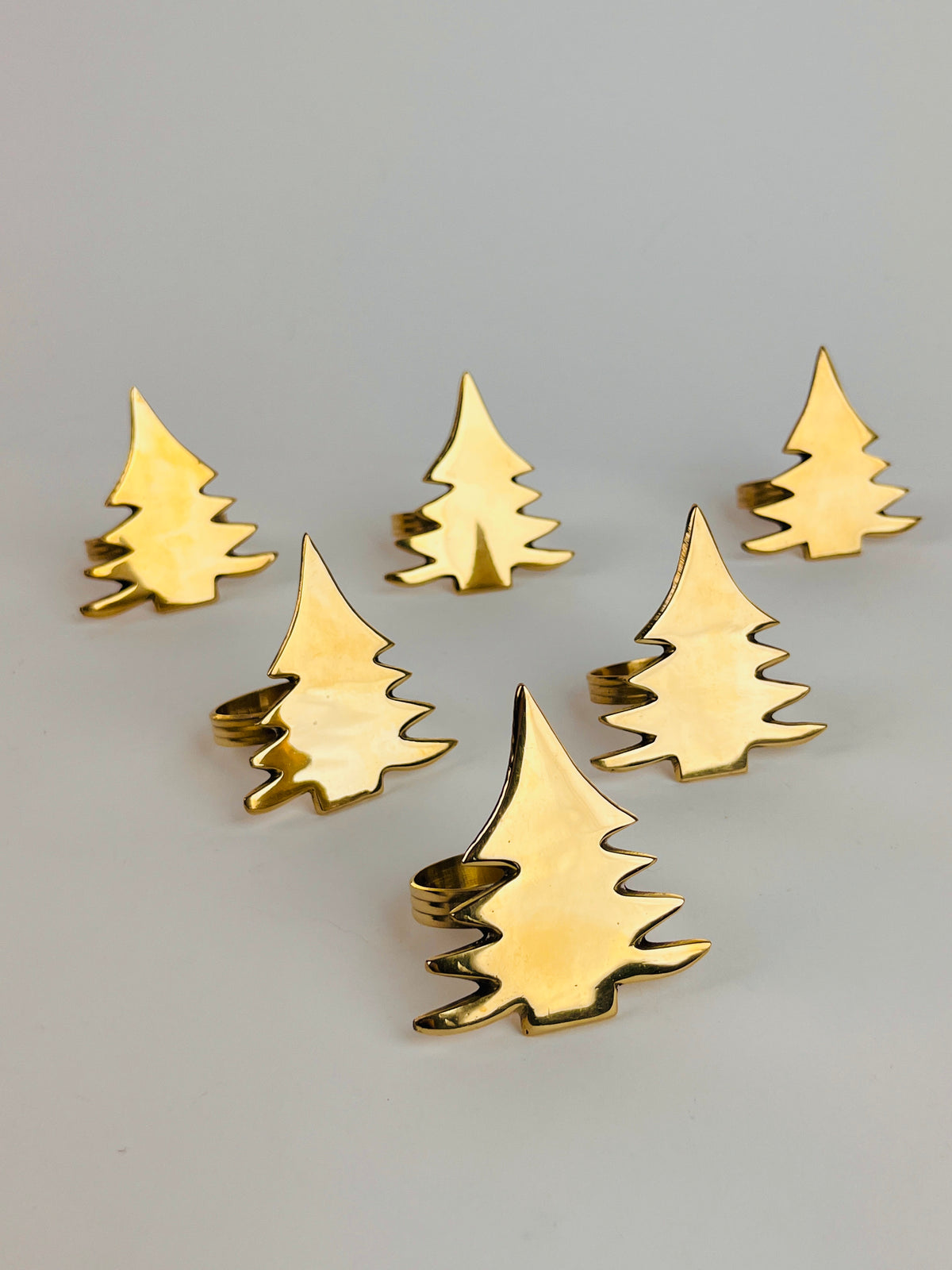 Vintage Brass Christmas Tree Napkin Rings, 6pc Set