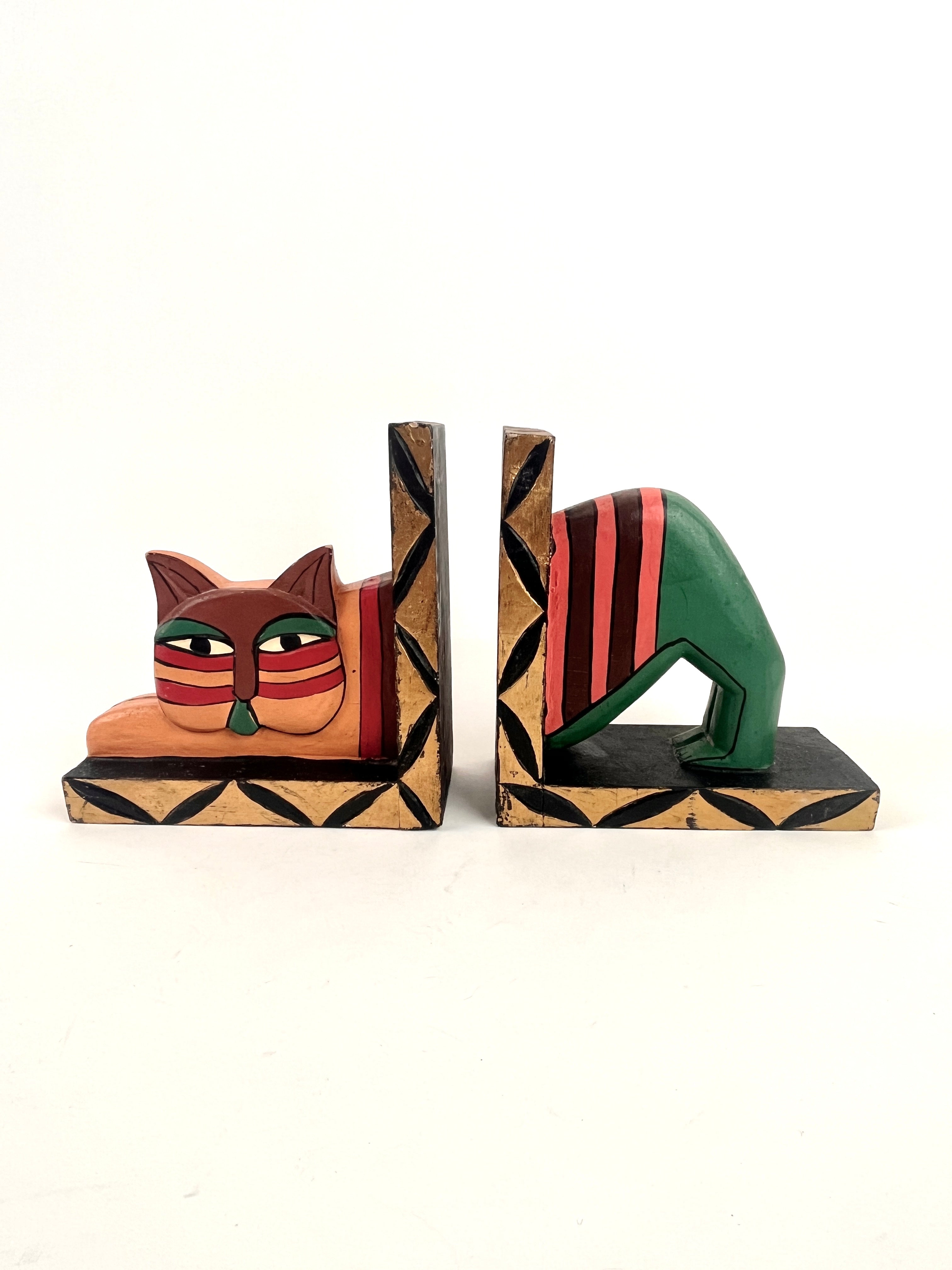 Vintage MCM MOD outlets TIKI Creepy Cat Bookends Carved Wood Whiskers Mid Century