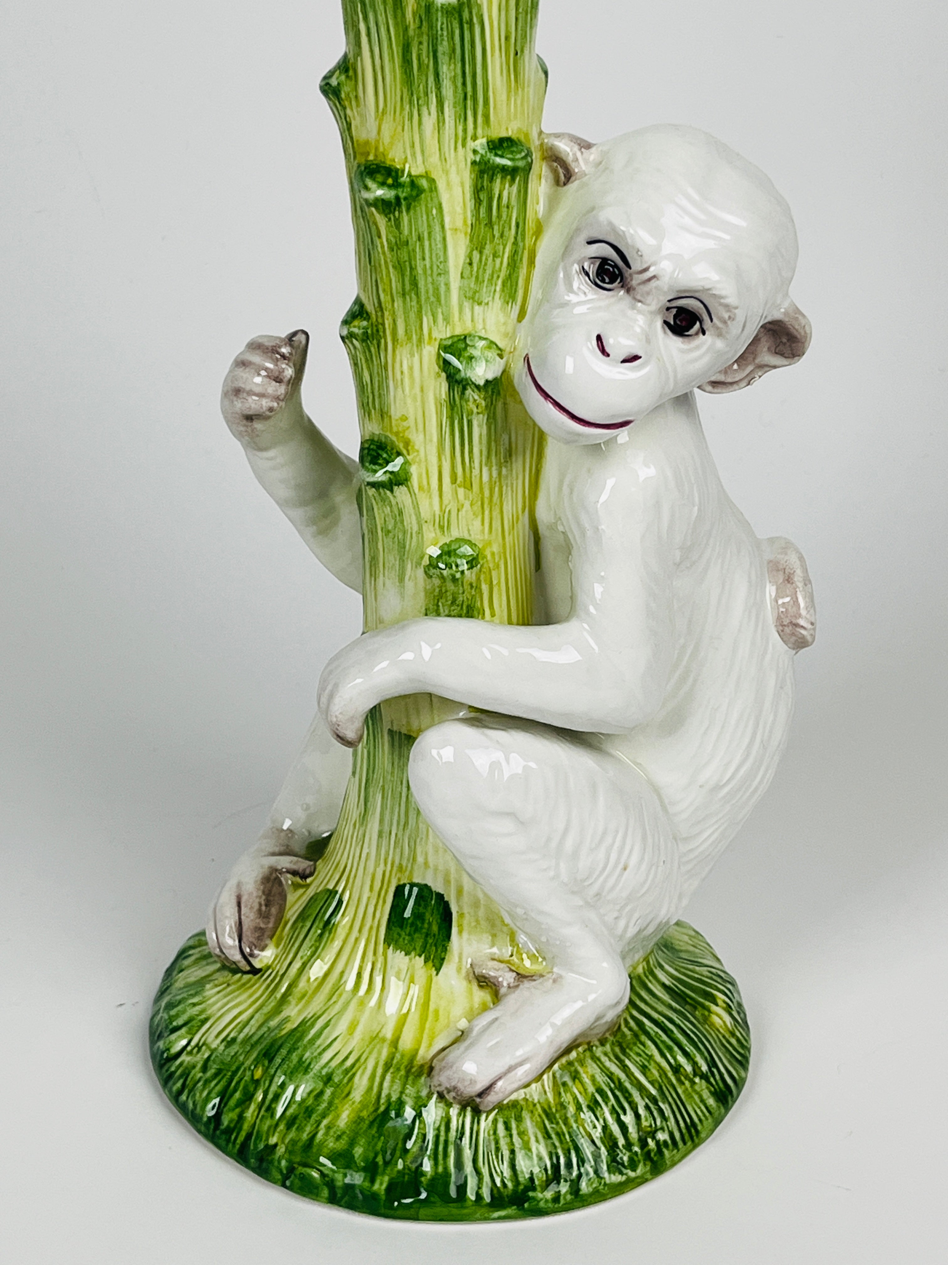 Vintage Hand-Painted Monkey on Palm Tree Candlestick Holder by