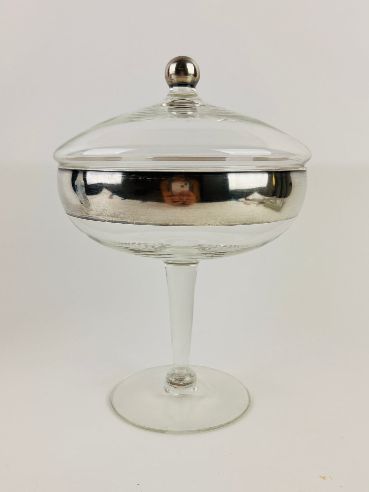 MCM Silver Banded Lidded Compote by Dorothy Thorpe