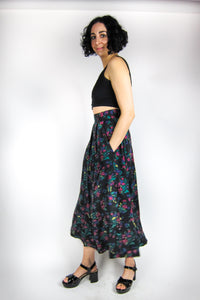 Vintage Dark Floral Pleated Skirt