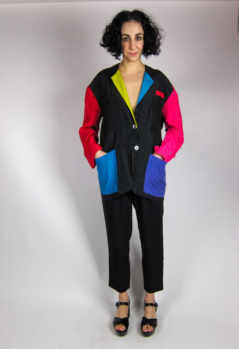 Vintage Oversized Silk Colorblock Blazer