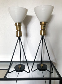 Pair of Vintage Black Iron and Milk Glass Tripod Table Lamps, in the manner of Gerald Thurston