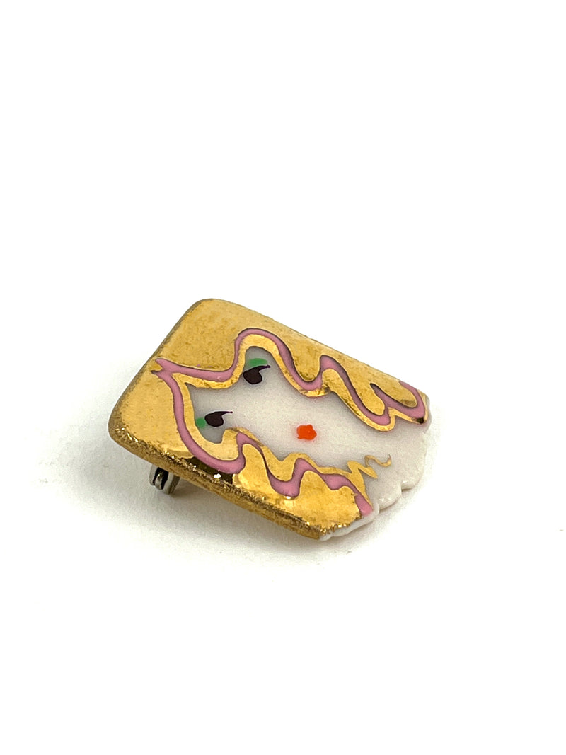 90s Vintage 22k Gold Plated Porcelain Face Brooch