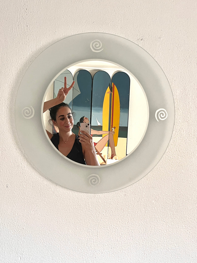 90s Postmodern Round Frosted Wall Mirror by BDI