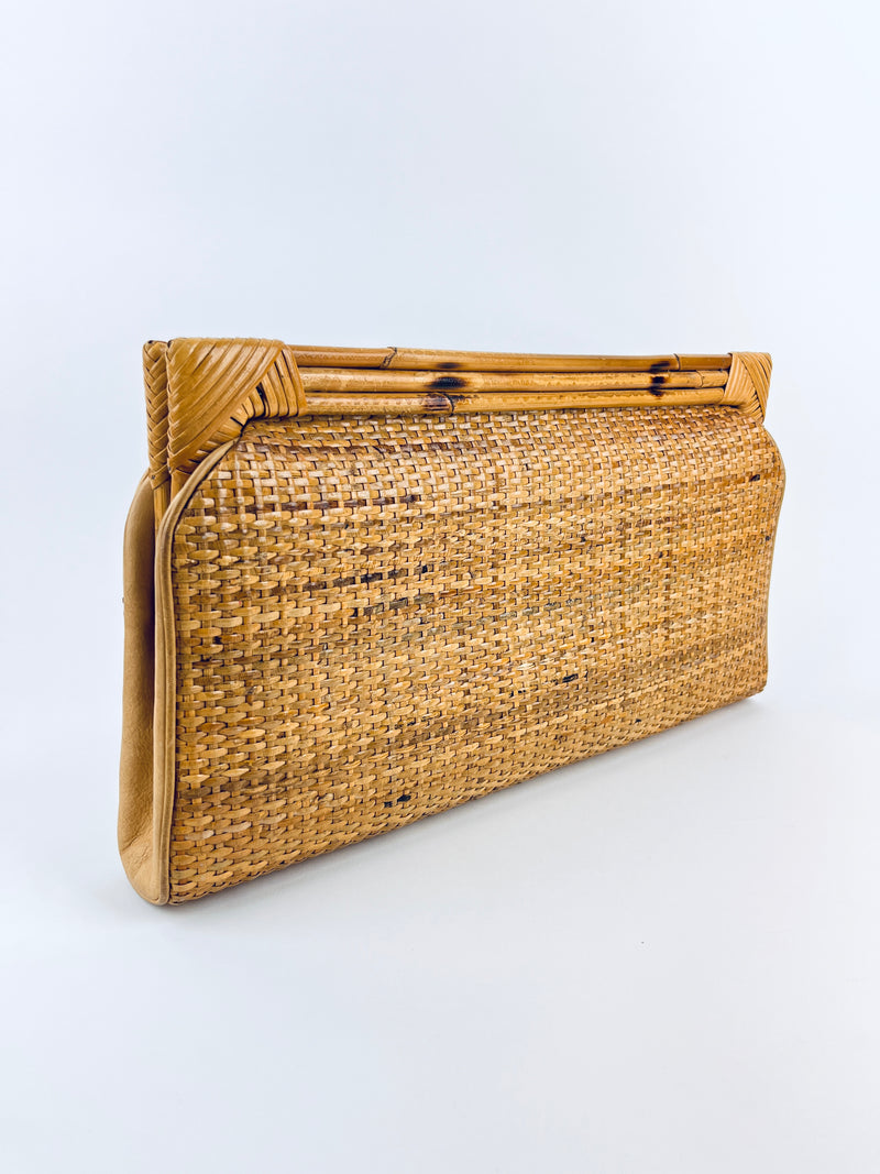 Vintage Oversized Rattan and Leather Clutch