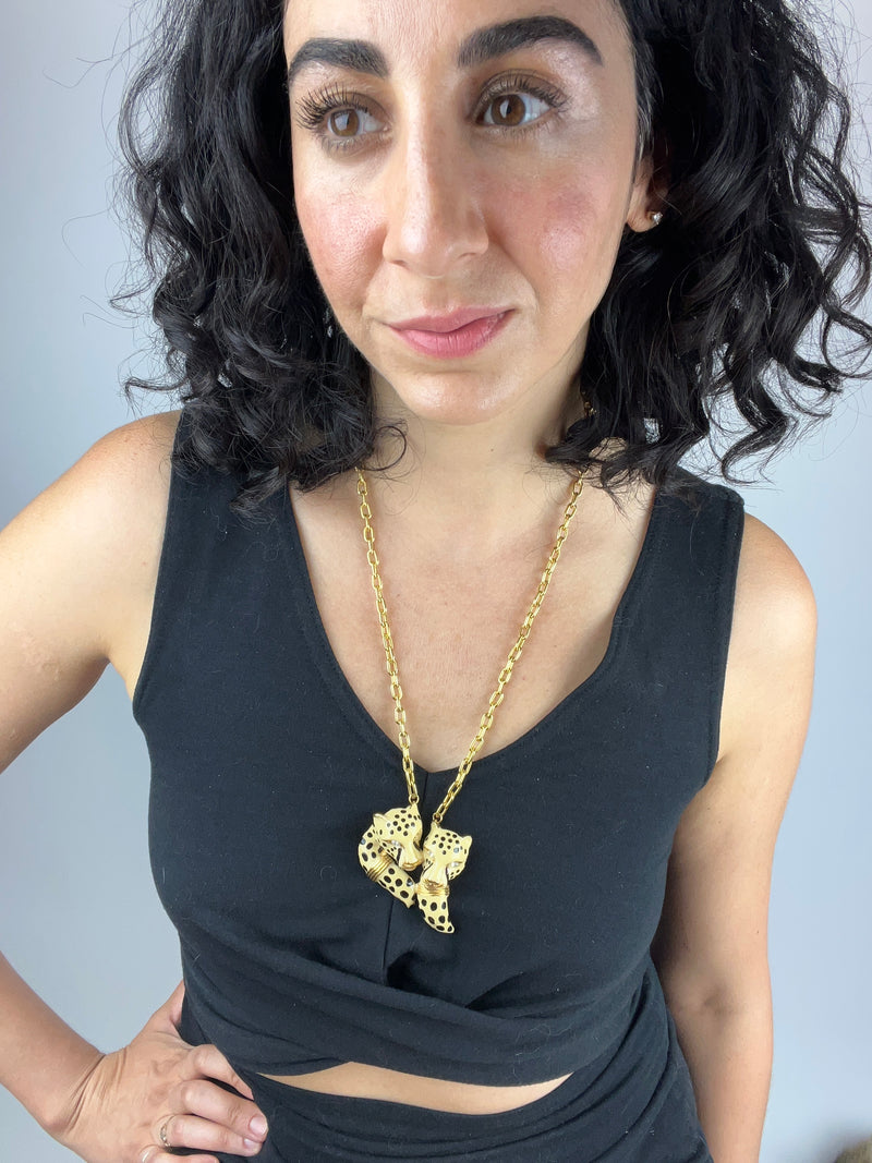 Vintage Enamel Leopard Head Necklace