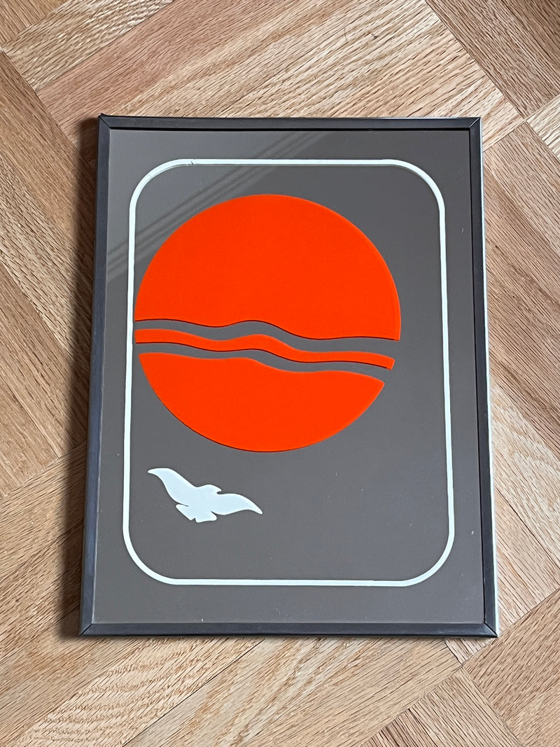 1970s Framed Art Mirror - Orange Sun / Bird