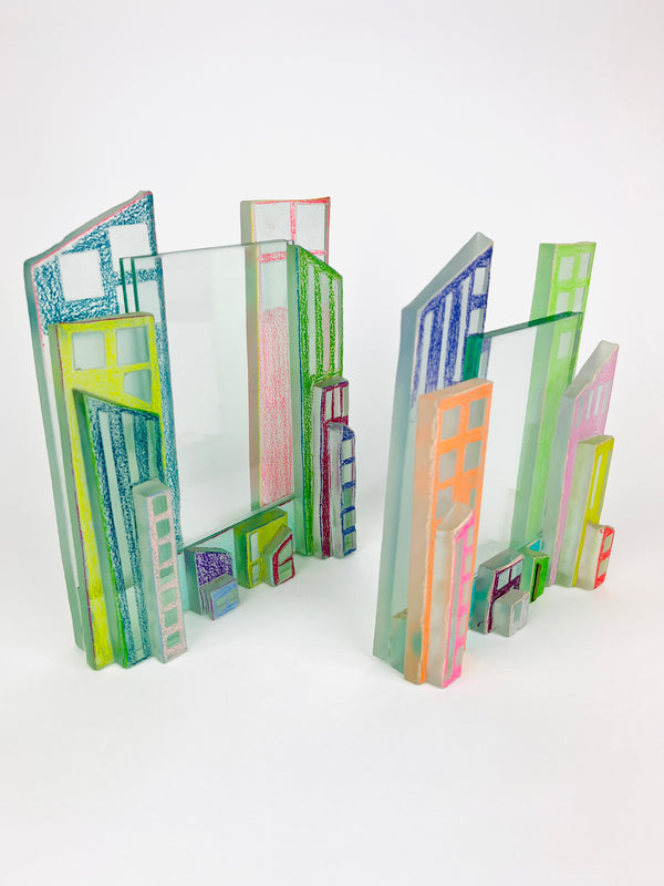 Postmodern Art Glass Cityscape Picture Frames - a Pair