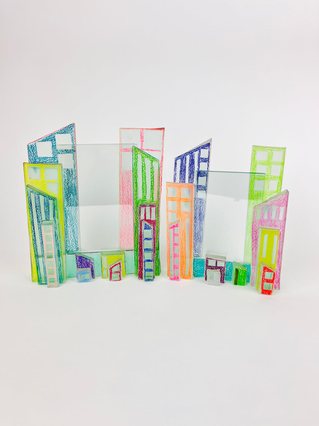Postmodern Art Glass Cityscape Picture Frames - a Pair