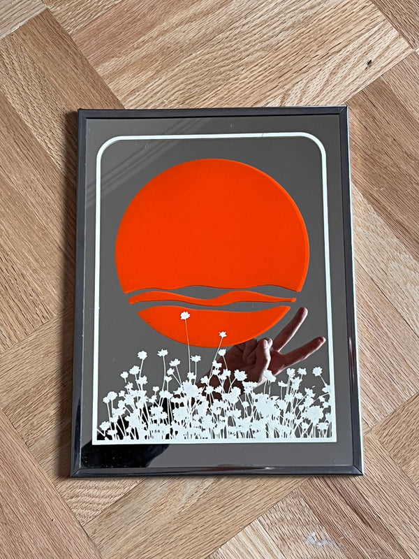 1970s Framed Art Mirror - Orange Sun / Wildflowers