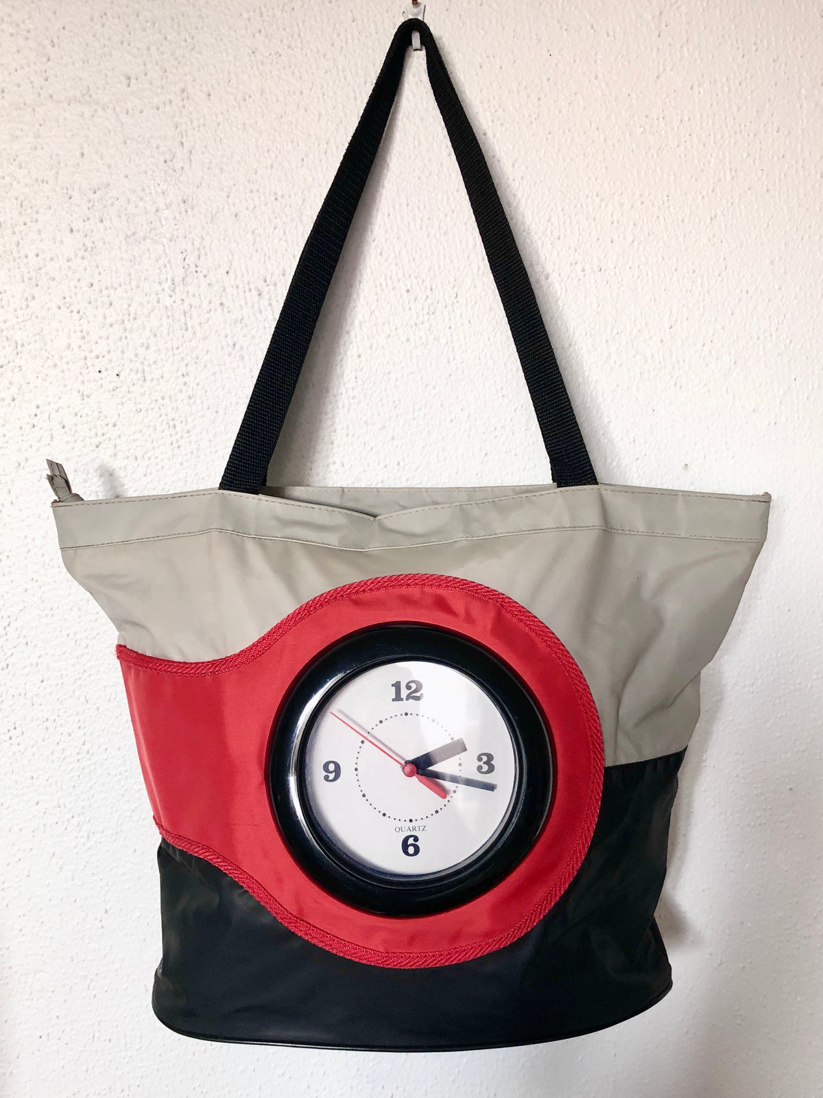 Vintage 1980s Clock Tote Bag - Grey, Black, Red