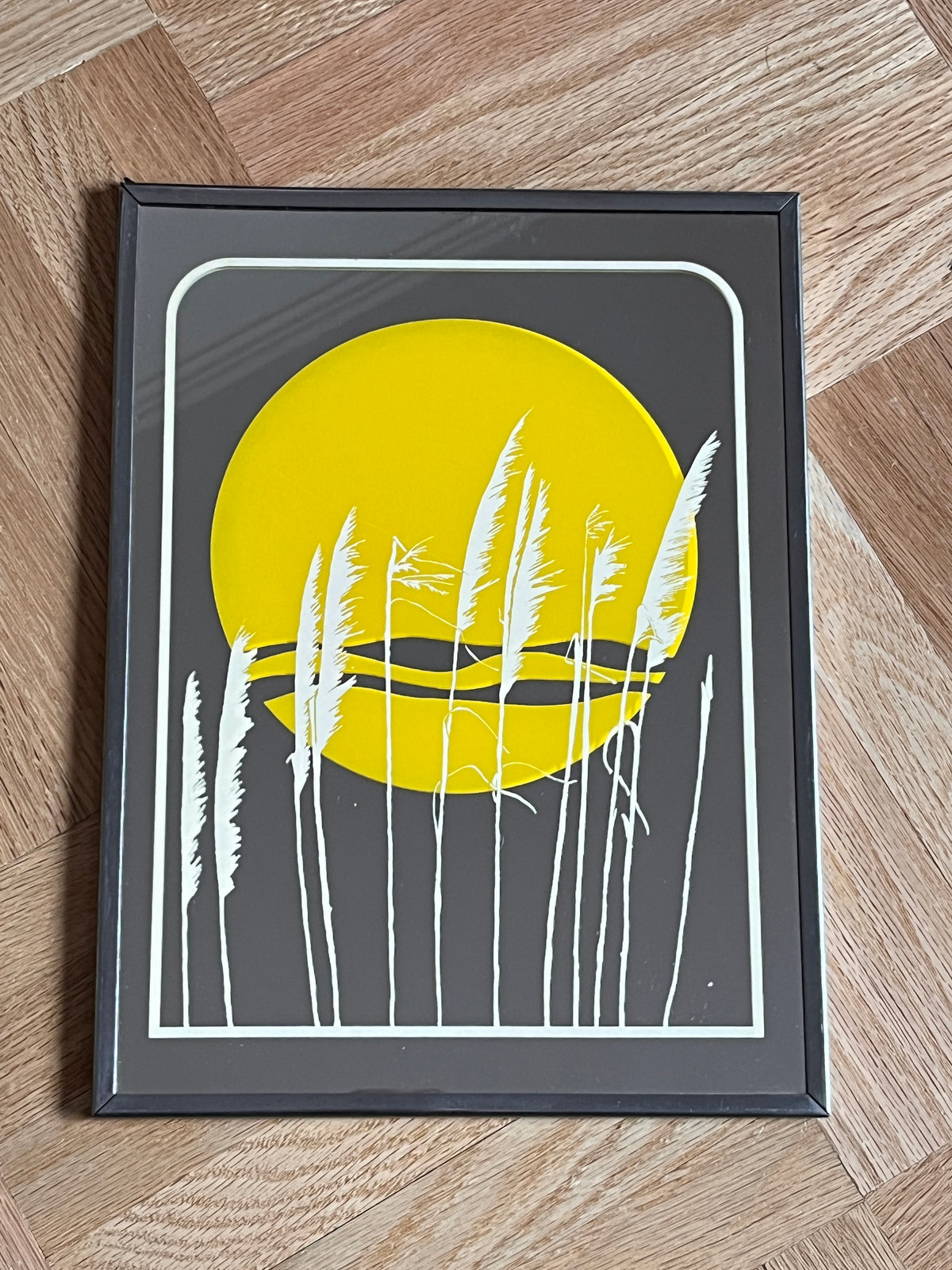 1970s Framed Art Mirror - Yellow Sun / Wheat