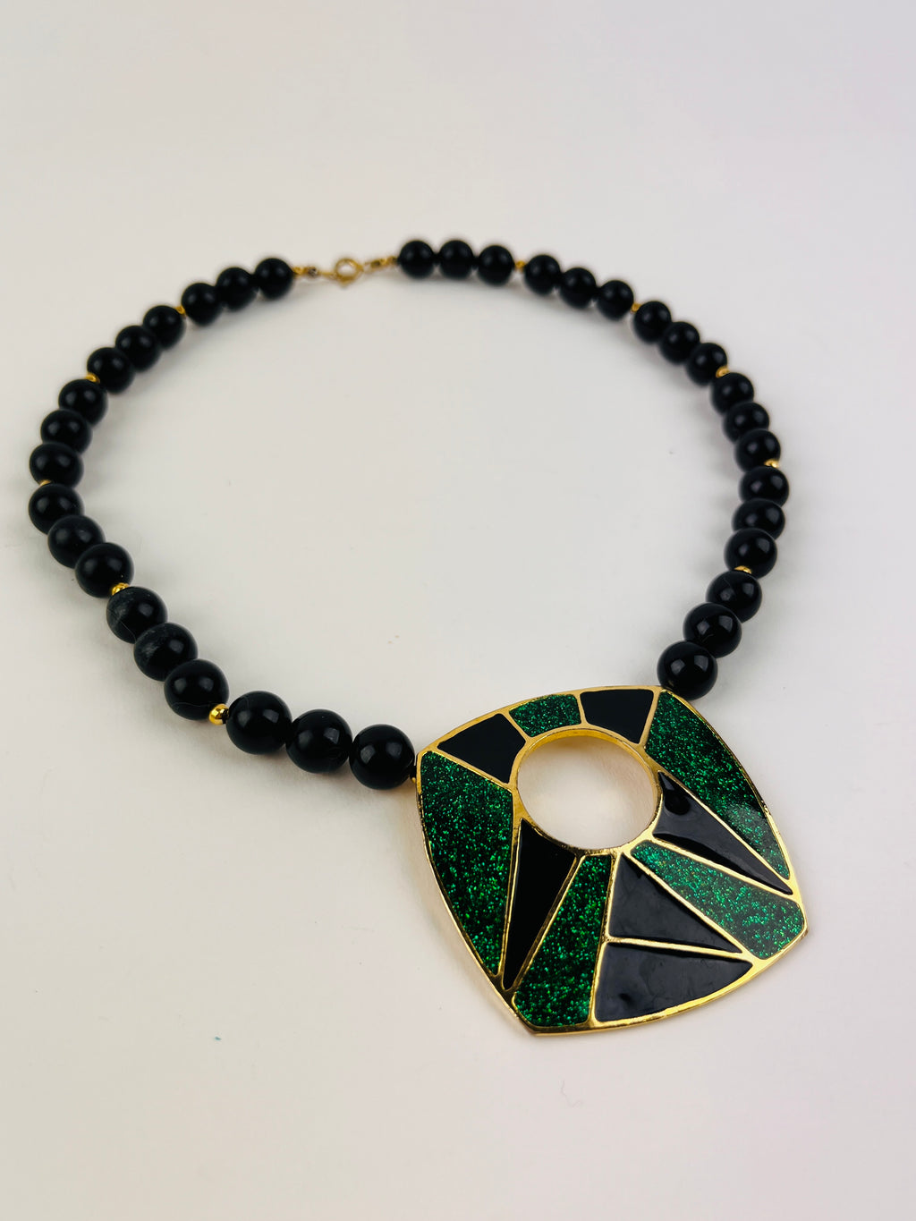 Vintage Green & Black Enamel Necklace