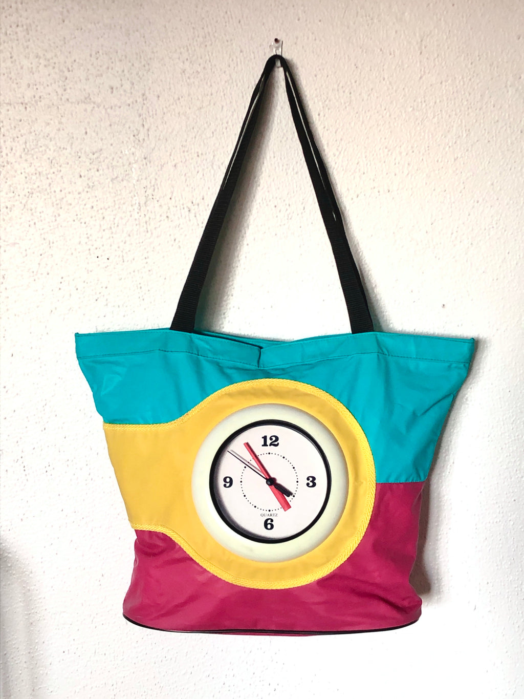 Vintage 1980s Clock Tote Bag - Pink, Yellow, Teal