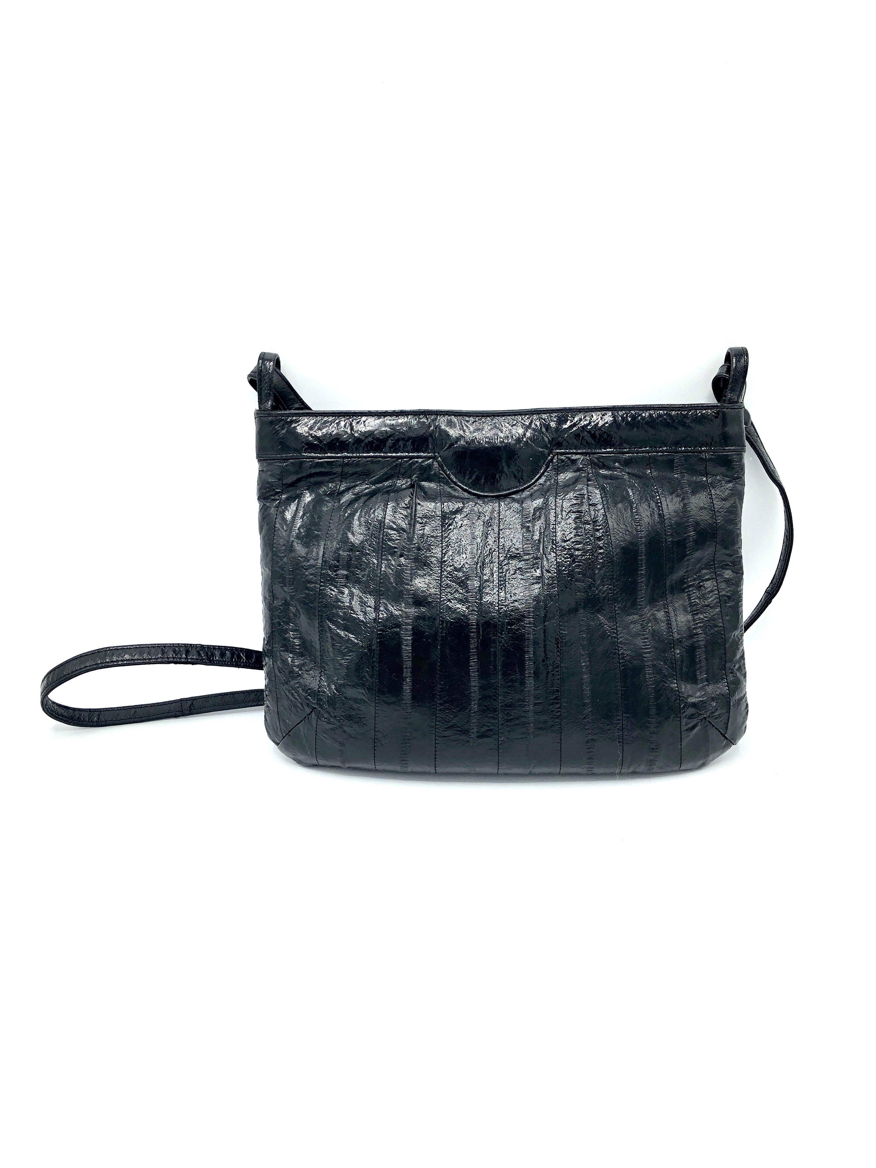 Vintage 70's Black Genuine Eel Skin offers Crossbody Shoulder Handbag