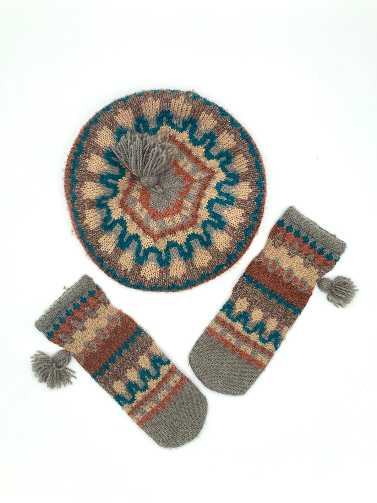 Vintage Multicolor Knit Hat and Mitten Set