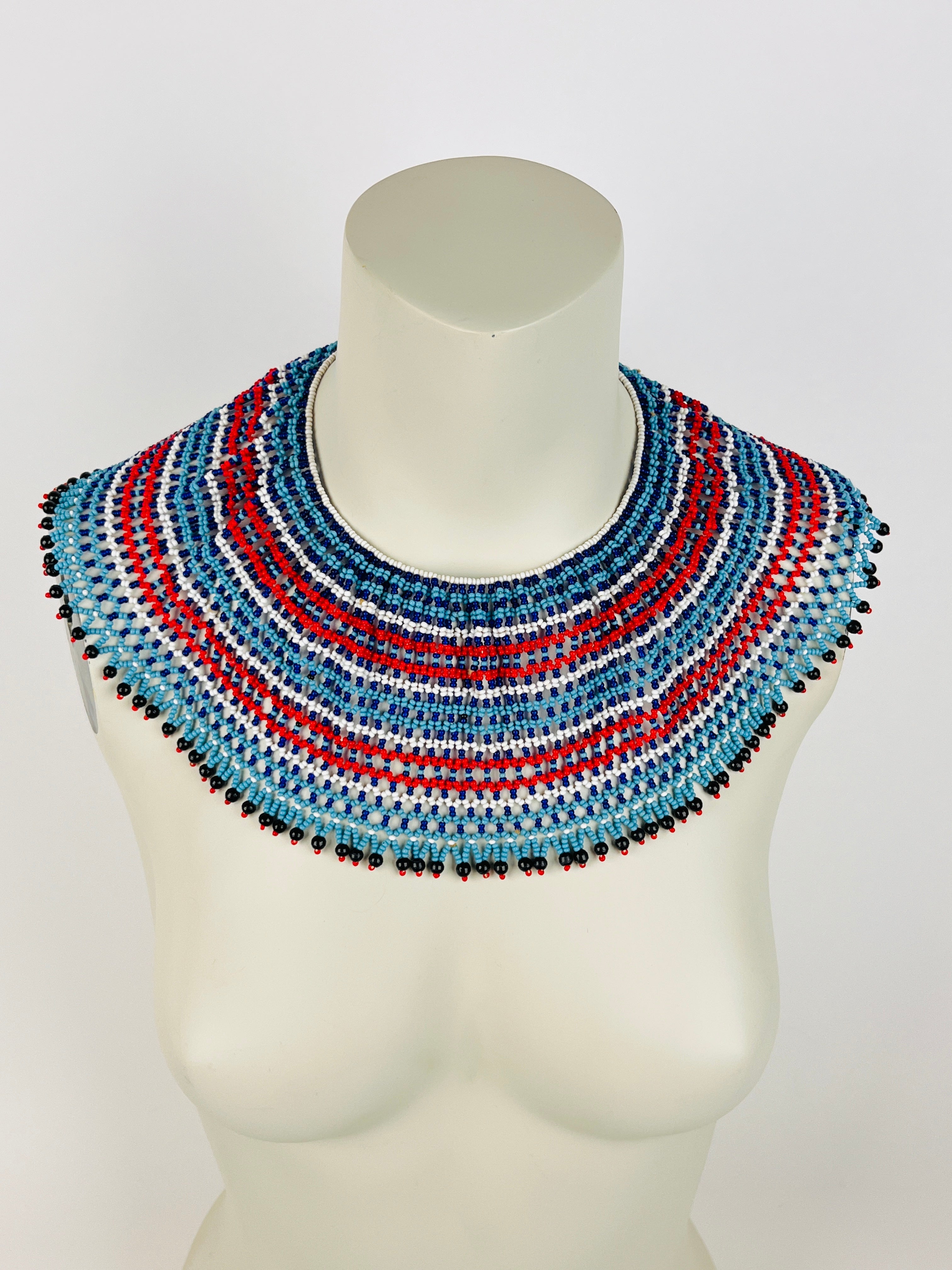 Beaded collar necklace in ethnic style made with terracotta red and black  seed beads casual everyday jewelry for women