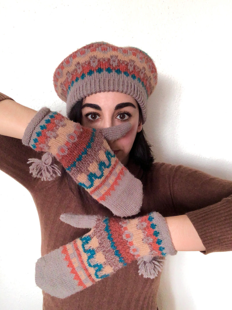 Vintage Multicolor Knit Hat and Mitten Set