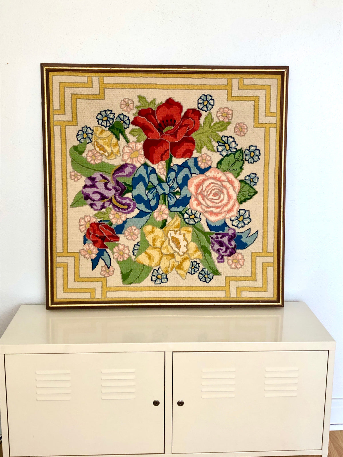 Mid-Century Framed Floral Needlepoint