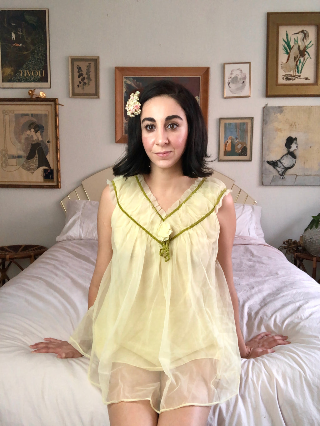 Vintage 1960s Yellow and Olive Nightie Set
