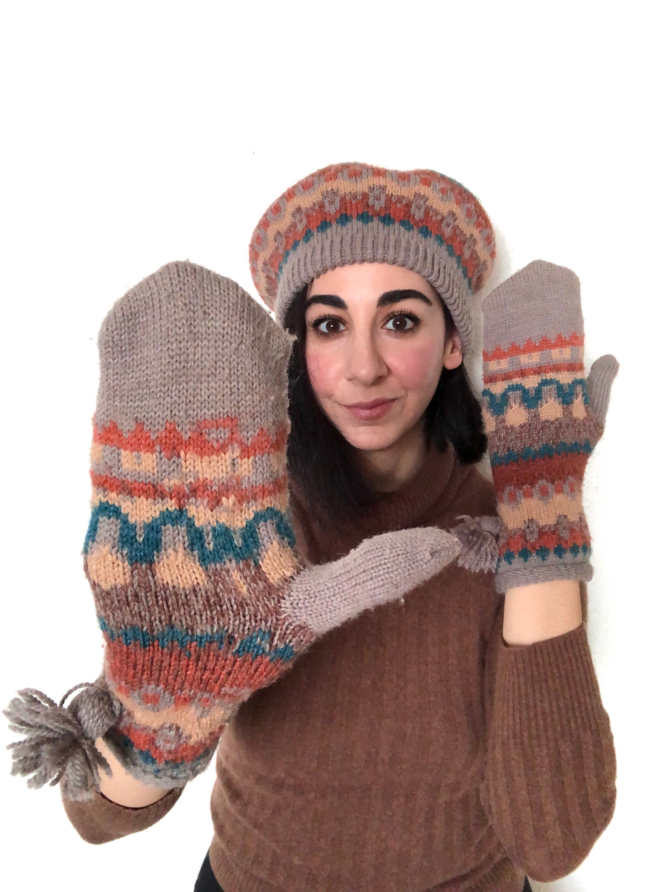 Vintage Multicolor Knit Hat and Mitten Set