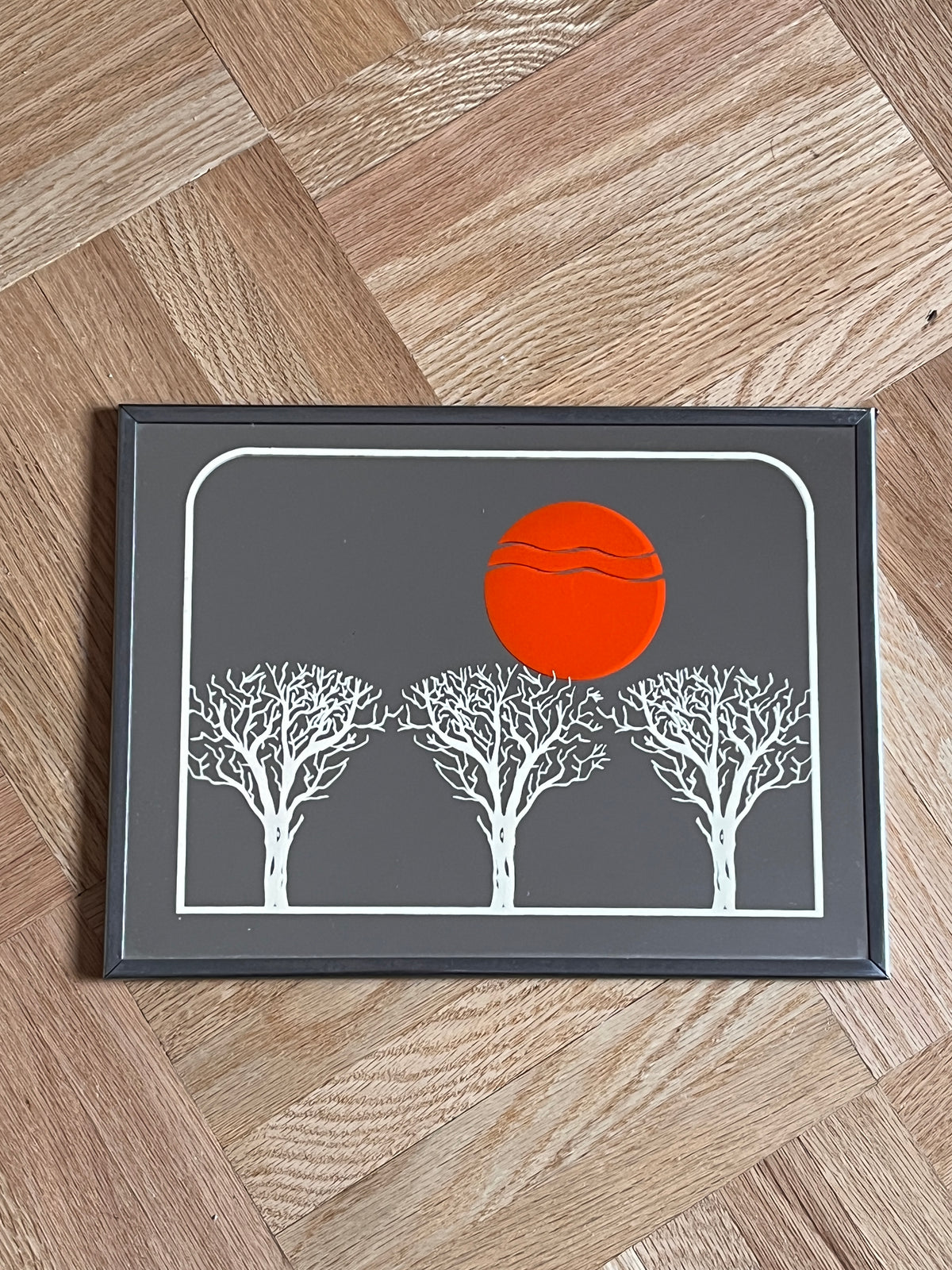 1970s Framed Art Mirror - Orange Sun / Trees