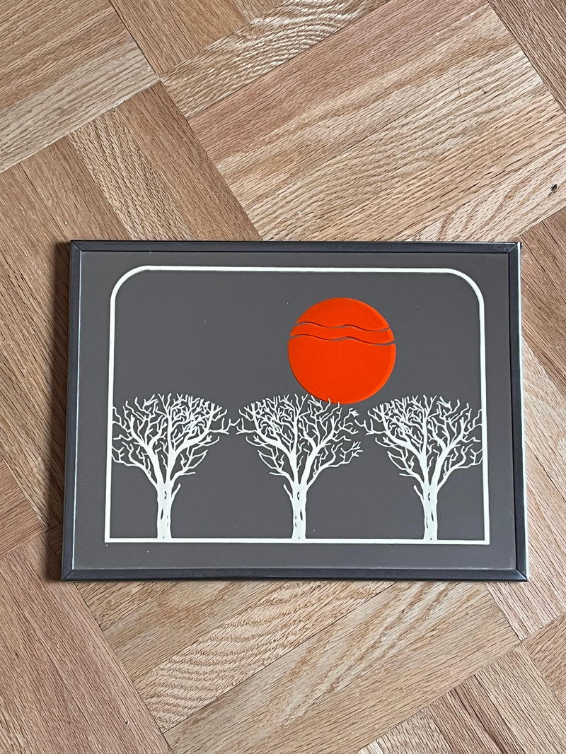 1970s Framed Art Mirror - Orange Sun / Trees