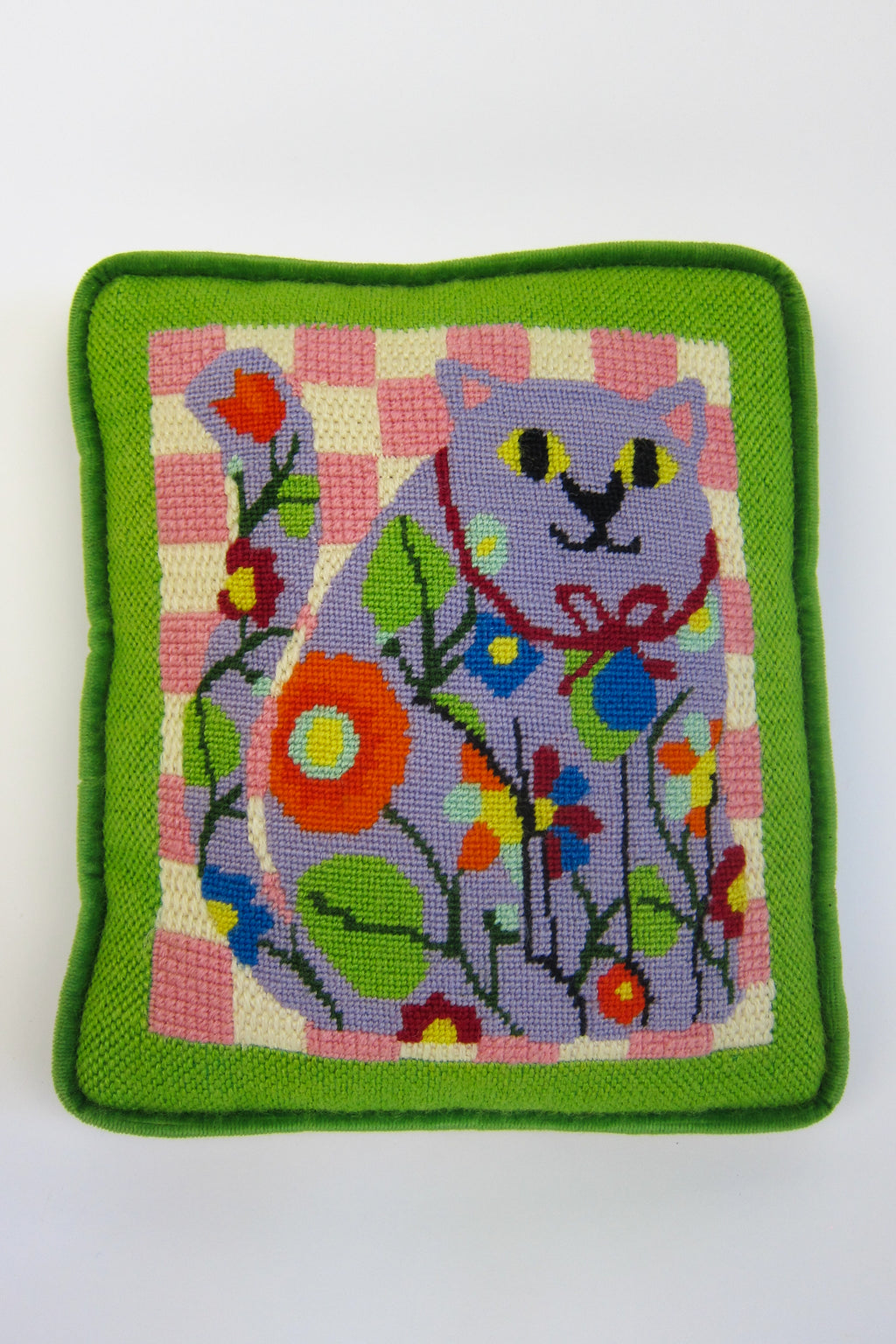 Vintage 1960s Psychedelic Lilac Cat Needlepoint Pillow