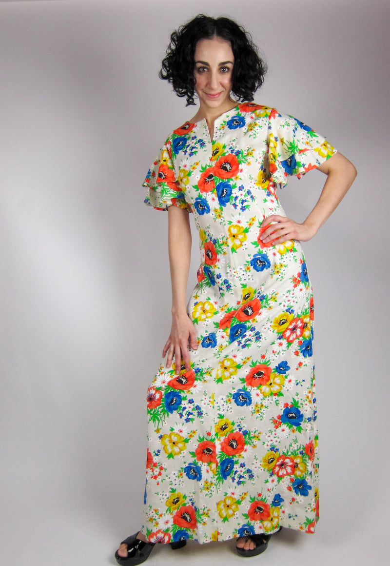 Vintage Ruffle Sleeve Floral Maxi Dress
