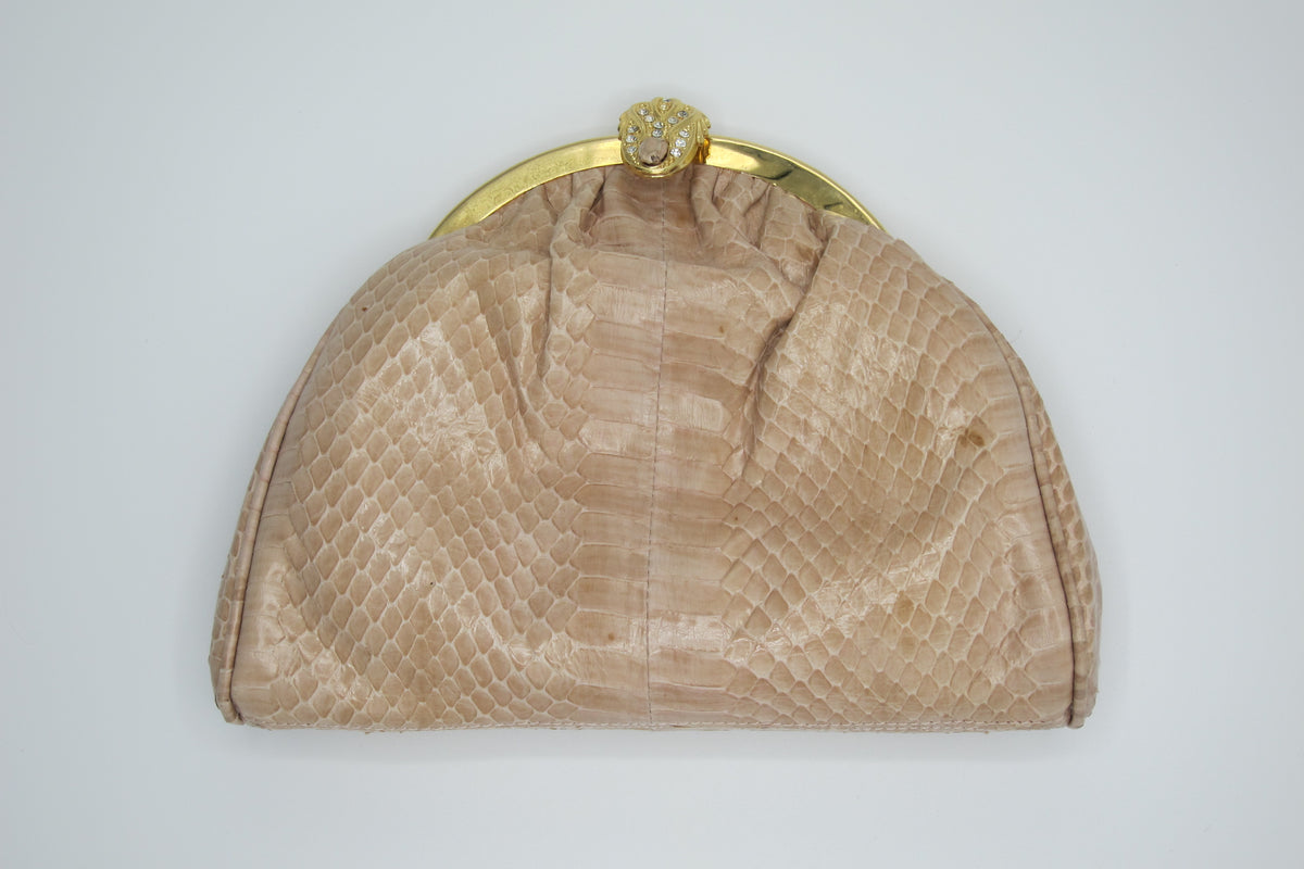 vintage nude snakeskin purse clutch gold hardware
